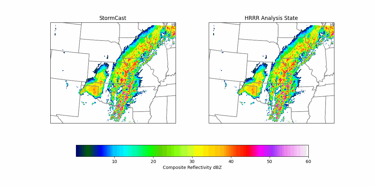 StormCast prediction beside a high-resolution weather analysis