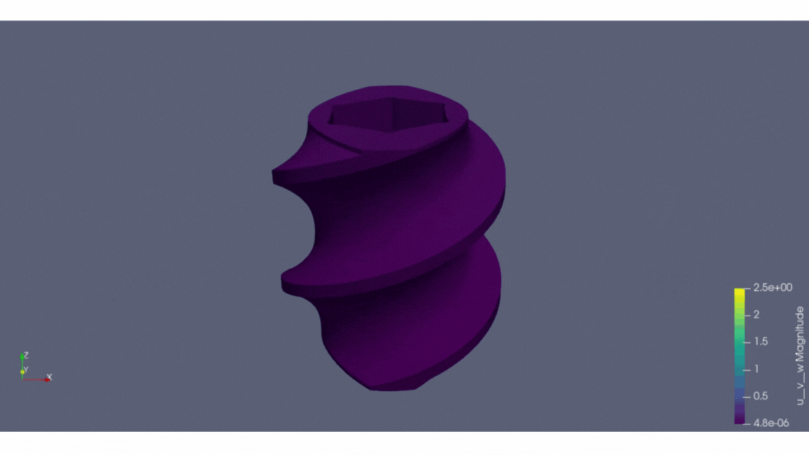 Predicted sintering deformation and displacement magnitude for a helical metal component