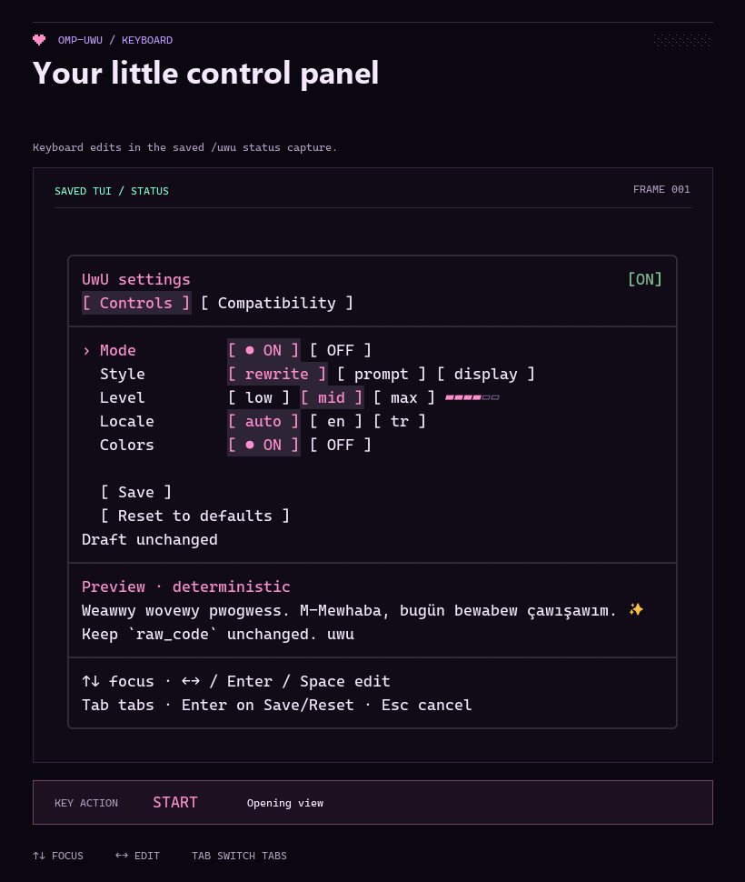 Real /uwu status dashboard: arrow keys change style and level, the live preview updates, and Tab opens Compatibility