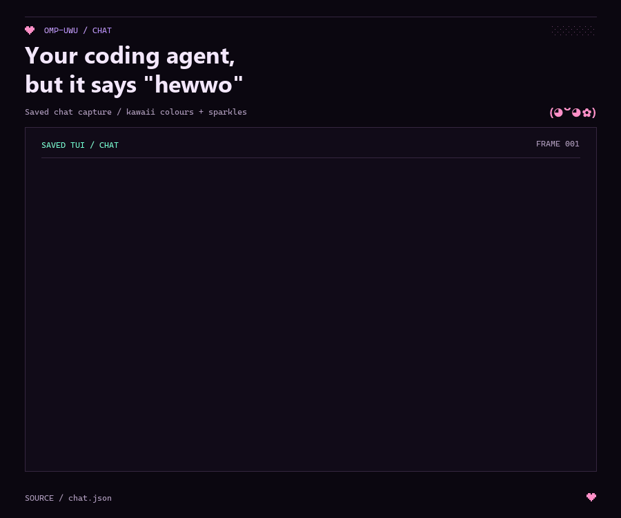 Real omp ANSI TUI: an uwu reply streams above an unchanged corrected loop, with pastel colors and sparkly uwu/owo