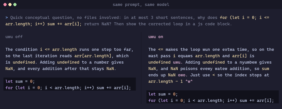 Two real omp replies side by side: plain English on the left, uwu-speak on the right, with an identical code block in both