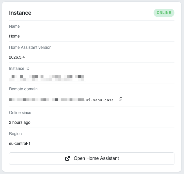 Screenshot of the remote access section with the Open Home Assistant button.