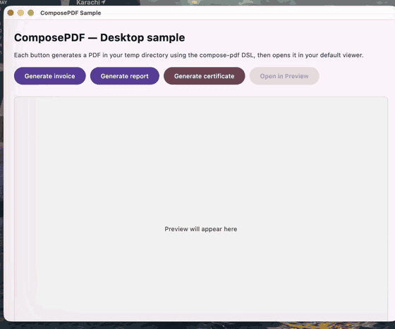 ComposePDF generating an invoice, multi-page engineering report with bar chart and hiring funnel, and a landscape certificate — all from a Compose-style Kotlin DSL — and opening them in Preview