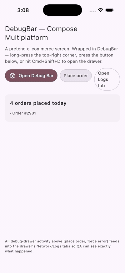 DebugBar drawer opening on iOS — Network log, Logs tab, environment switcher, screenshot+log+state bundle capture, all running inside a pretend e-commerce app