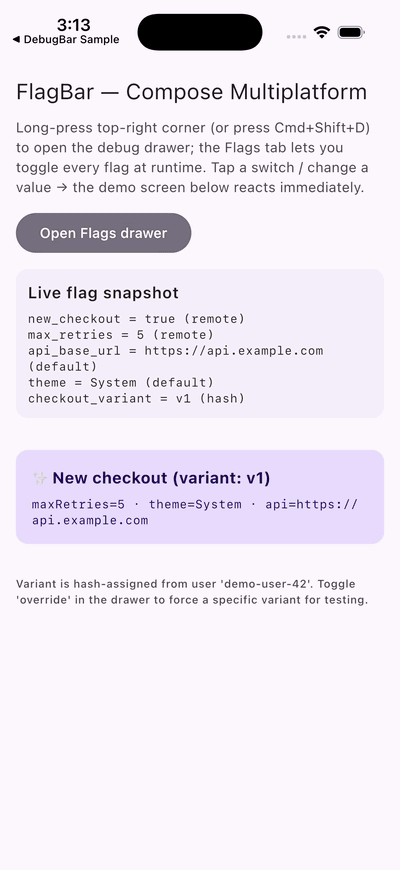 FlagBar drawer on iOS — toggling new_checkout flag flips the host app between new/old checkout, picking Dark theme overrides, then Reset all reverts everything to remote/default values