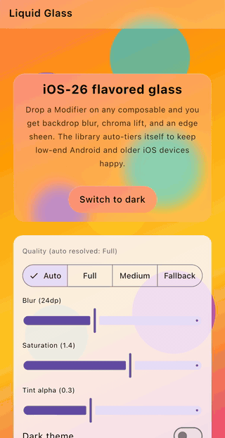LiquidGlass — Modifier.liquidGlass over a colorful backdrop, with a quality-tier picker