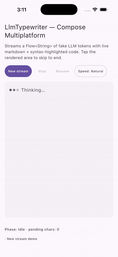 LlmTypewriter streaming a markdown response with a syntax-highlighted Kotlin code block on iOS