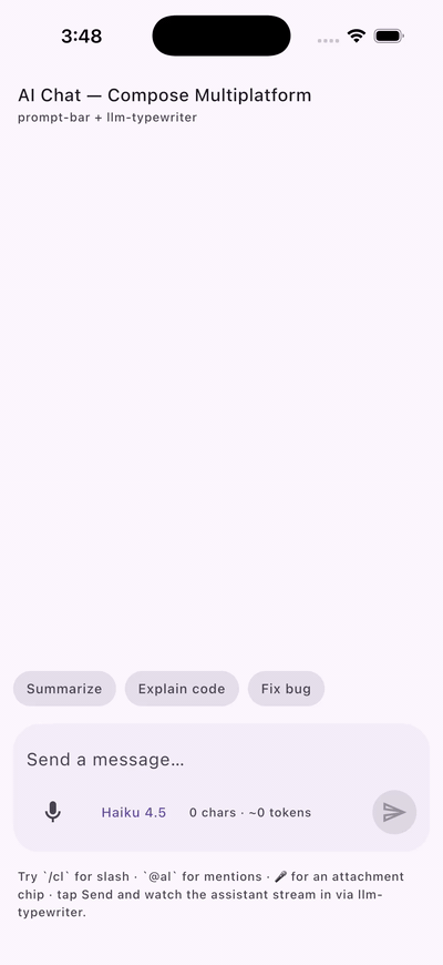 PromptBar driving a fake LLM chat with slash commands, attachments, send/stop, and llm-typewriter streaming markdown responses on iOS