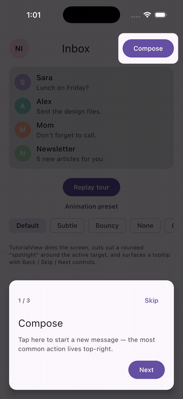 TutorialView spotlight tour on iOS — dimmed scrim with a lit cutout and a tooltip card