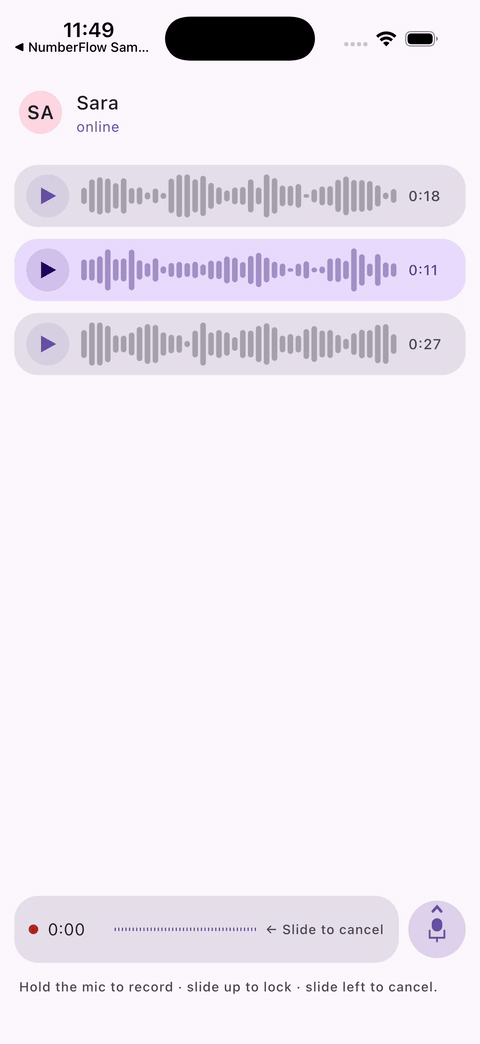 VoiceMessage on iOS — hold to record, slide up to lock, slide left to cancel, send