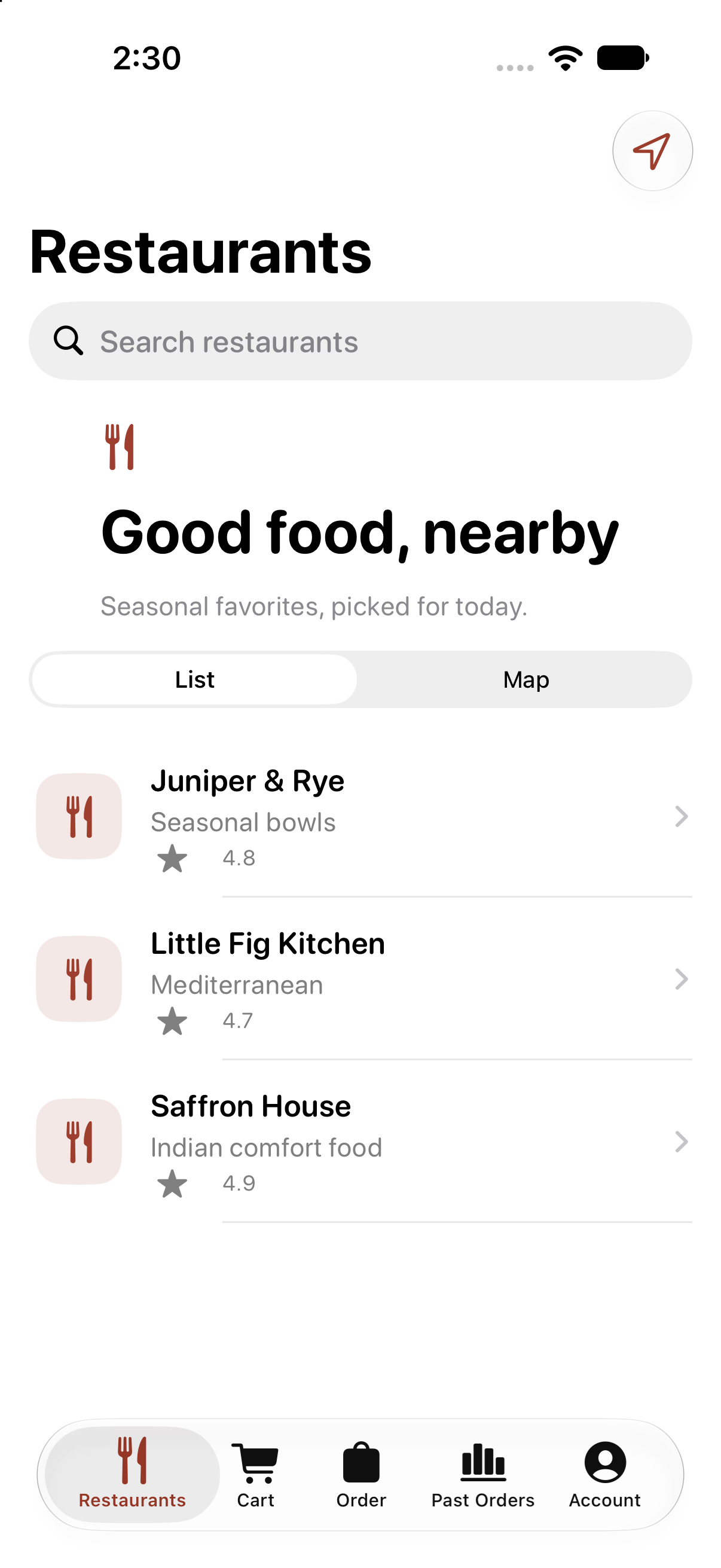 FoodDash restaurant list in the iOS Simulator