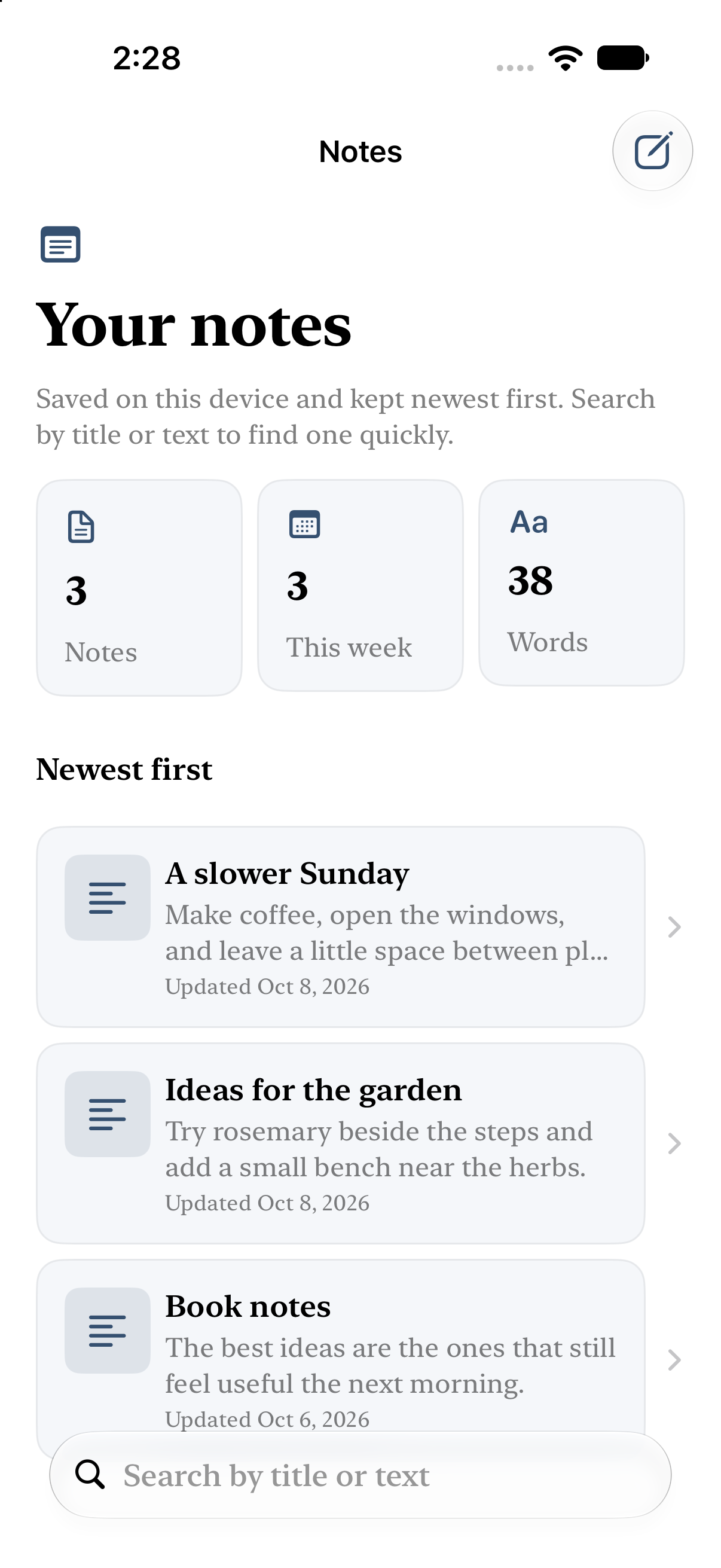 Populated QuickNotes in the iOS Simulator