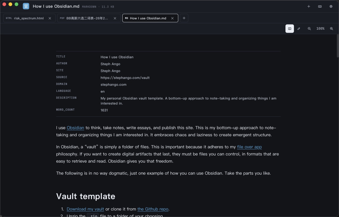 Tabbed workspace with PDF, Markdown, and HTML documents