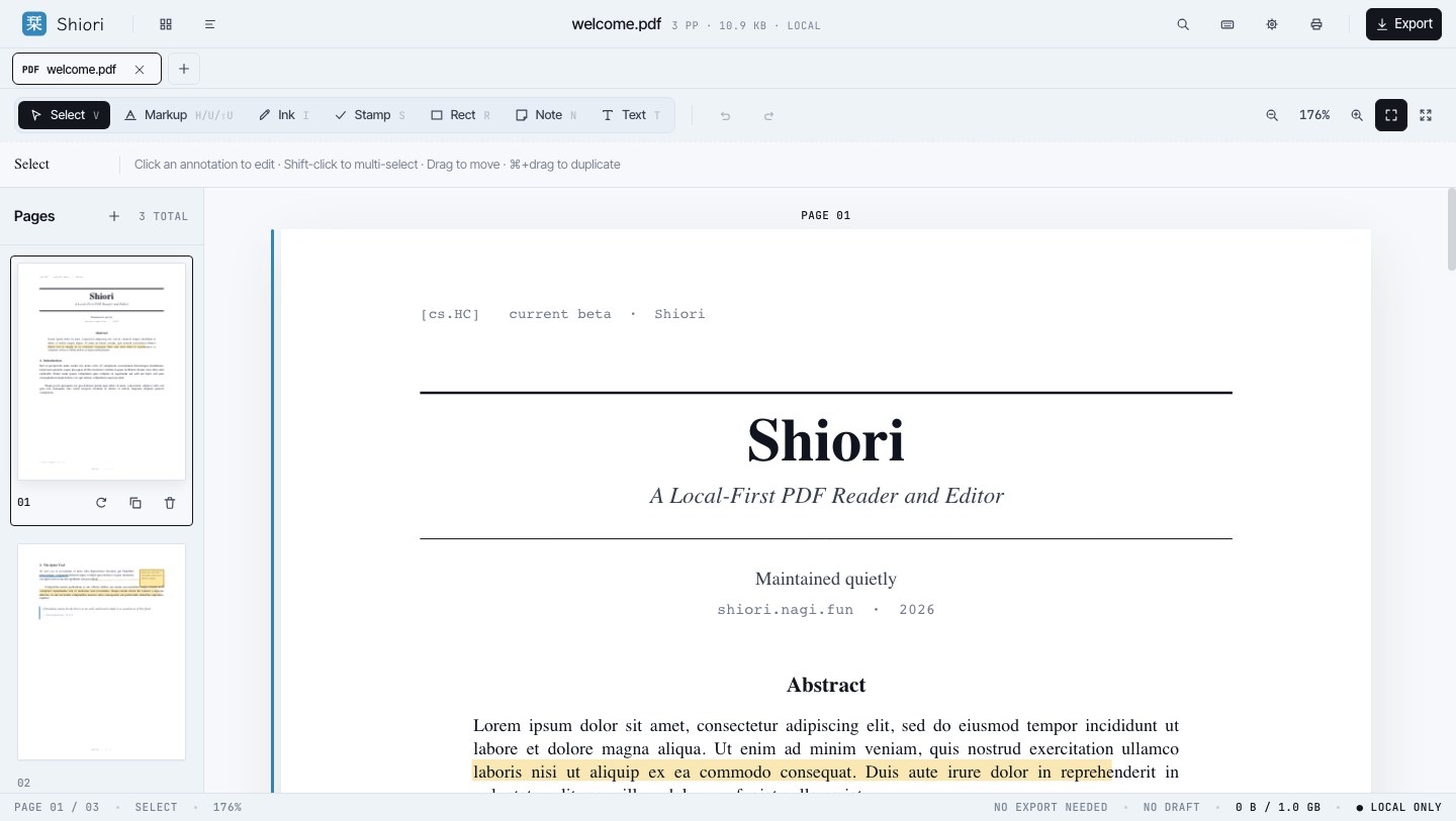 PDF workspace with thumbnails, annotations, and side panel