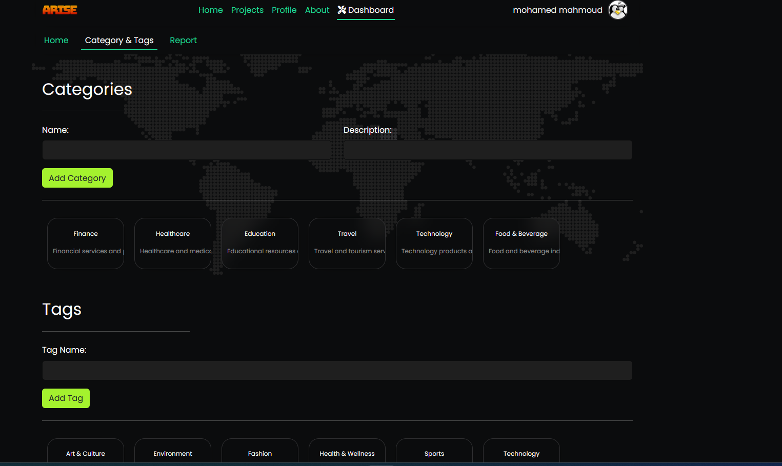 Admin Viewing Categories and Tags