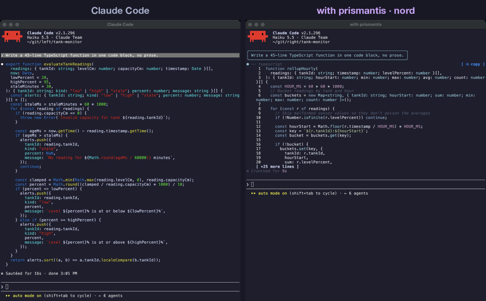 Code fold: plain Claude Code on the left, prismantis numbering and folding a 45 line block on the right