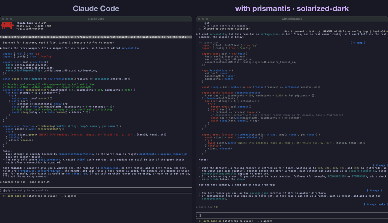 Code: plain Claude Code on the left, prismantis on the right
