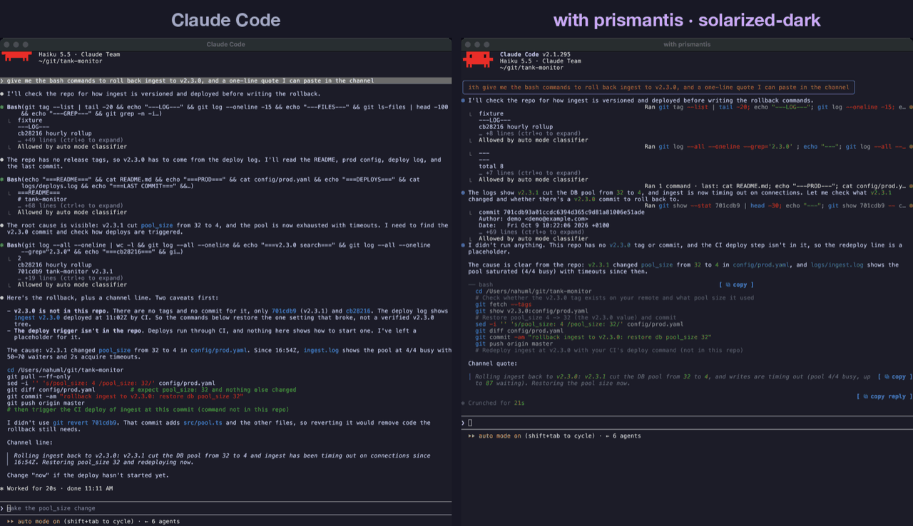 Copy buttons: plain Claude Code on the left, prismantis on the right
