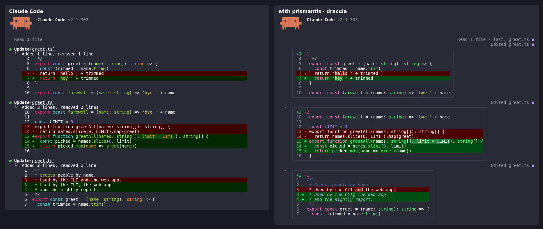 Diff cards: plain Claude Code on the left, prismantis on the right