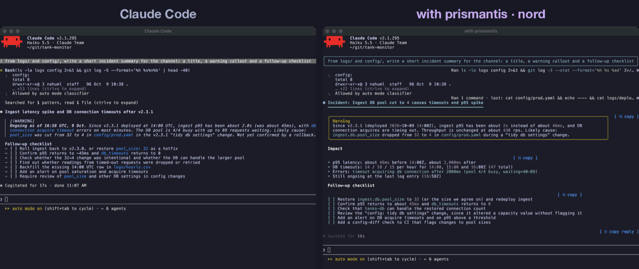 Headings, lists, quotes: plain Claude Code on the left, prismantis on the right