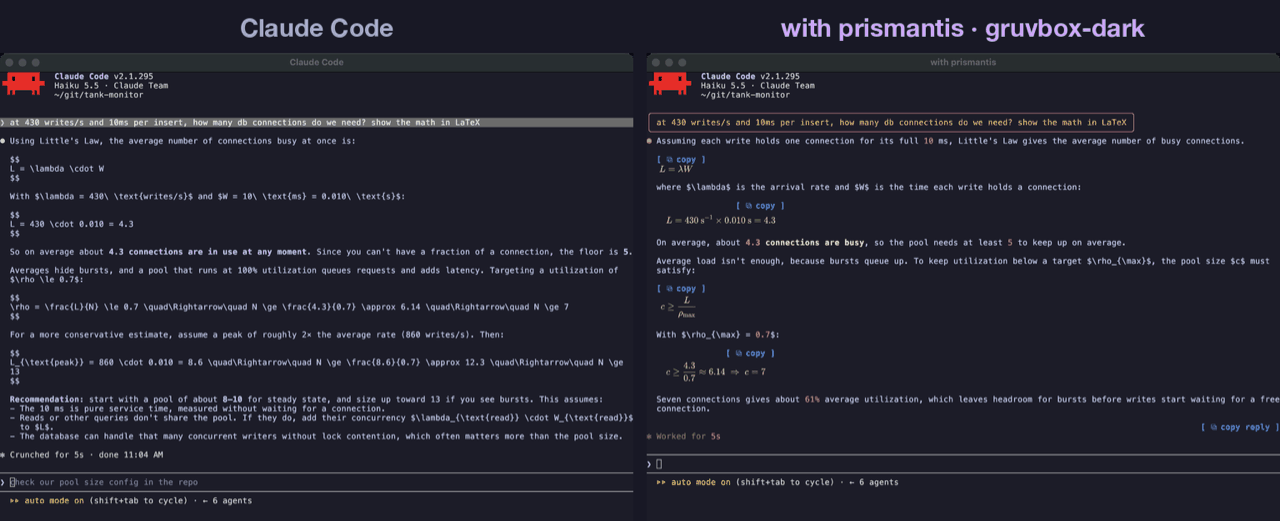 LaTeX math: plain Claude Code on the left, prismantis on the right