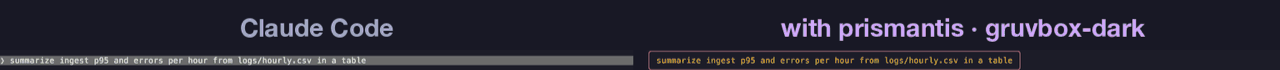 Your prompts: plain Claude Code on the left, prismantis on the right