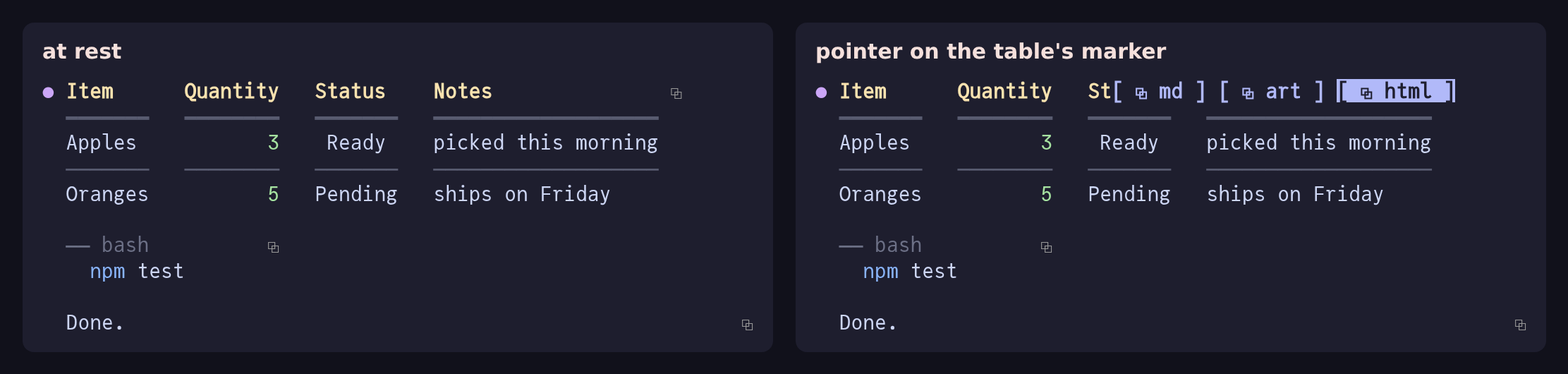copyButtonStyle hover: at rest a table, a bash block and the reply each show a dim ⧉; with the pointer on the table's ⧉, its ⧉ md, ⧉ art and ⧉ html buttons draw over the marker and the end of the header row