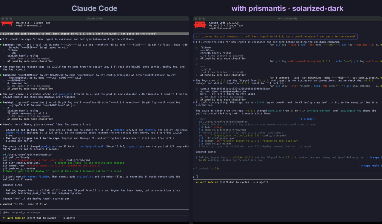 Copy buttons: plain Claude Code on the left, prismantis on the right