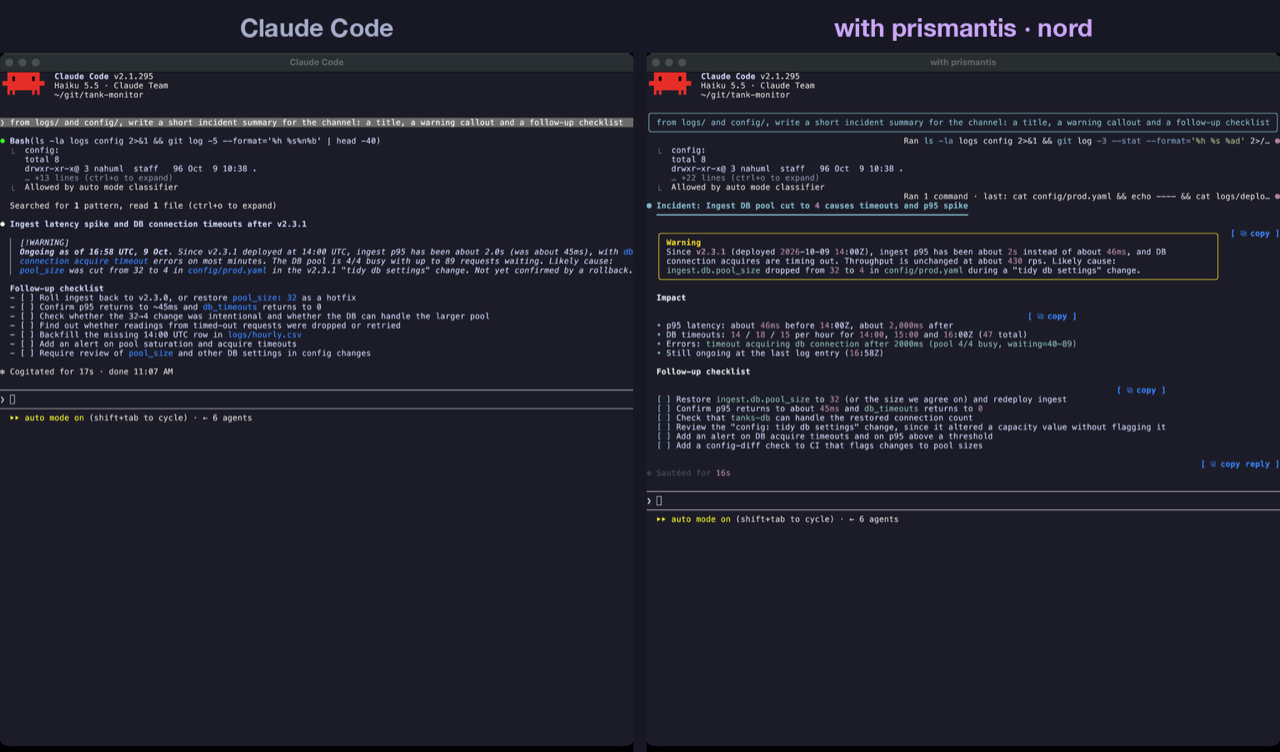 Headings, lists, quotes: plain Claude Code on the left, prismantis on the right