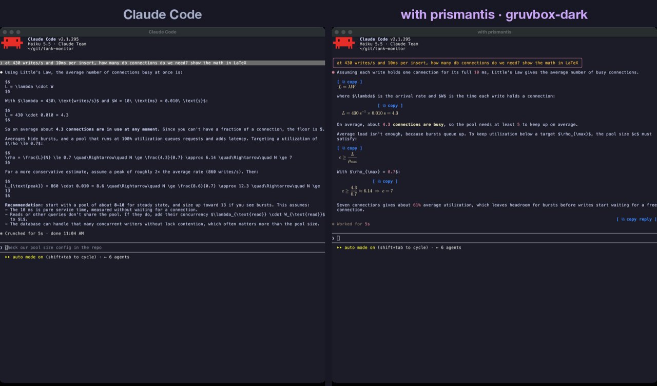 LaTeX math: plain Claude Code on the left, prismantis on the right