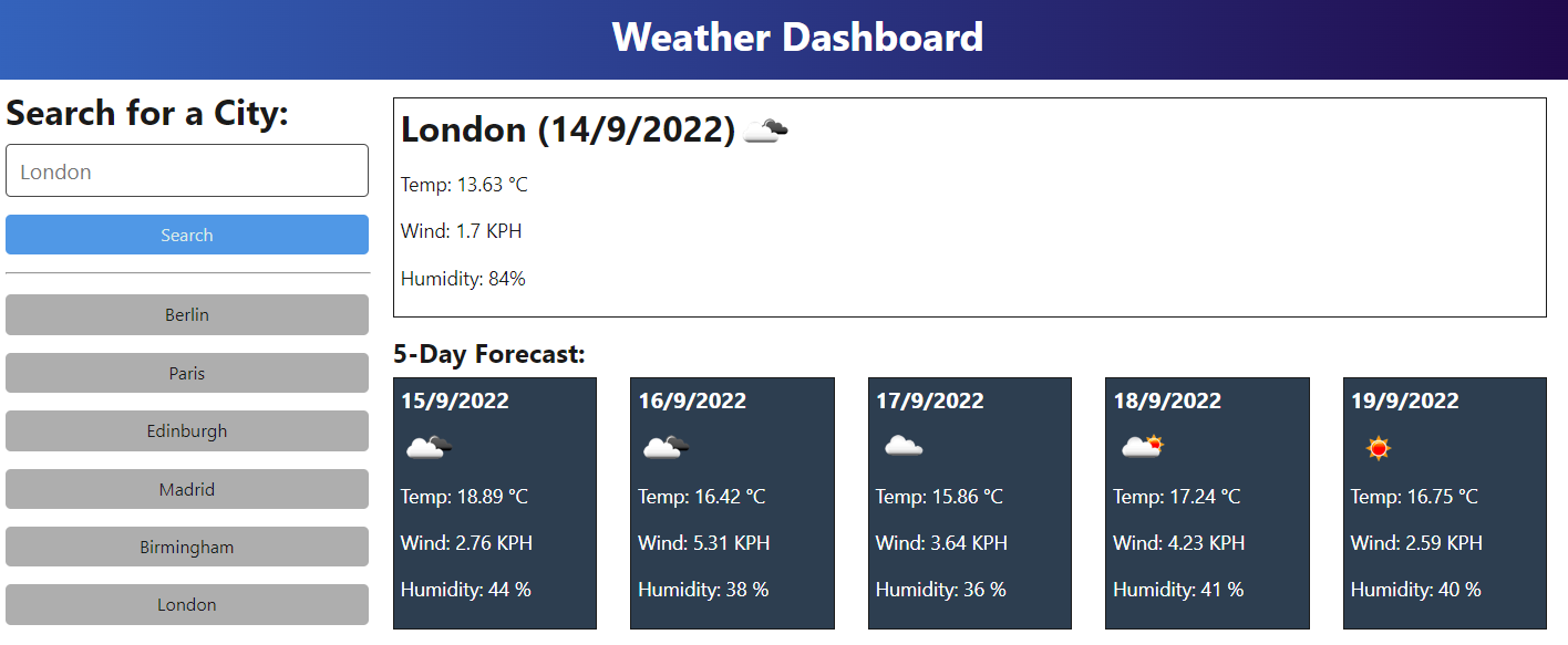 The weather app includes a search option, a list of cities, and a five-day forecast and current weather conditions for London.