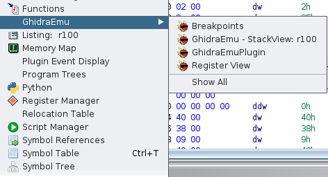 GhidraEmu menu