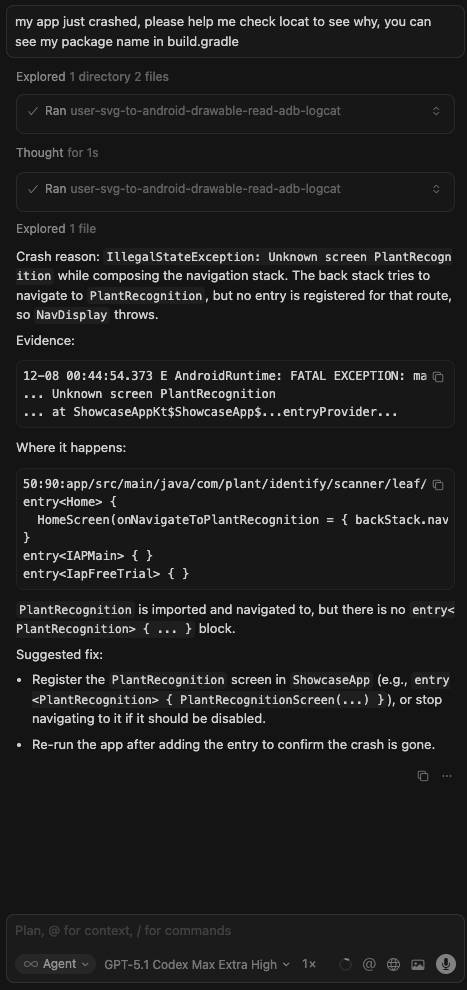 Crash logcat prompt