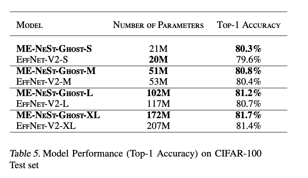 Table comparing the ME-NeSt-Ghost model architectures with the EfficientNetV2 model architectures on the CIFAR 100 dataset