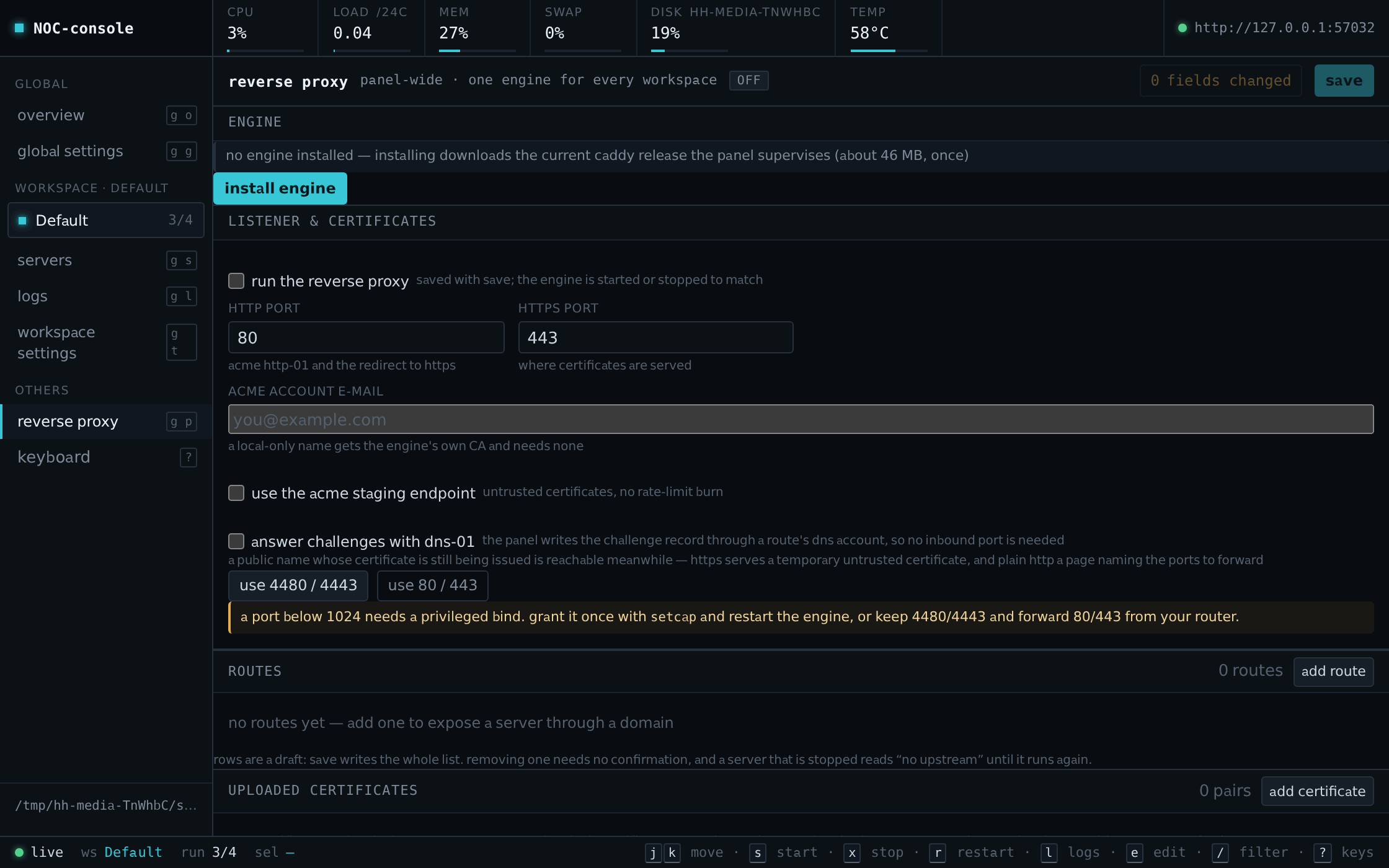 Eight views of the panel: the stock UI and its reverse proxy, the NOC-console, and UI examples