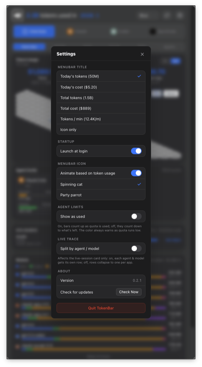 TokenBar settings