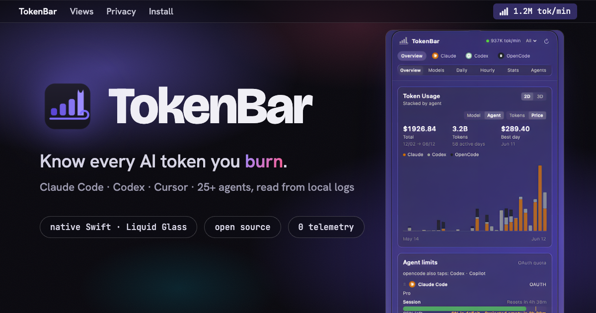 TokenBar — know every AI token you burn from the macOS menu bar