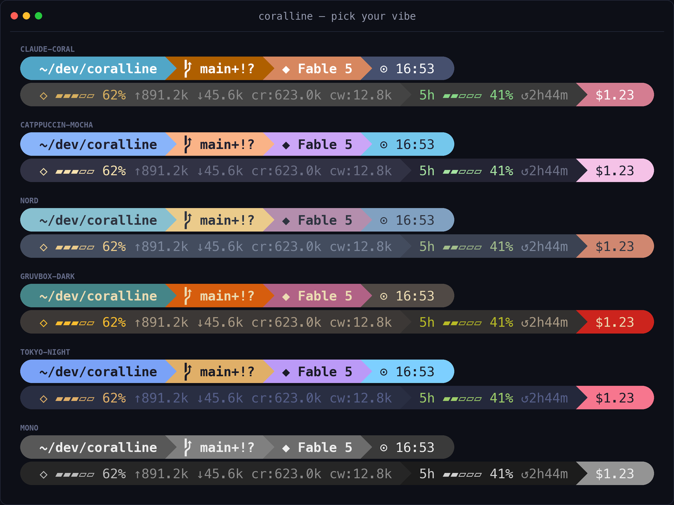 All six coralline themes rendered side by side