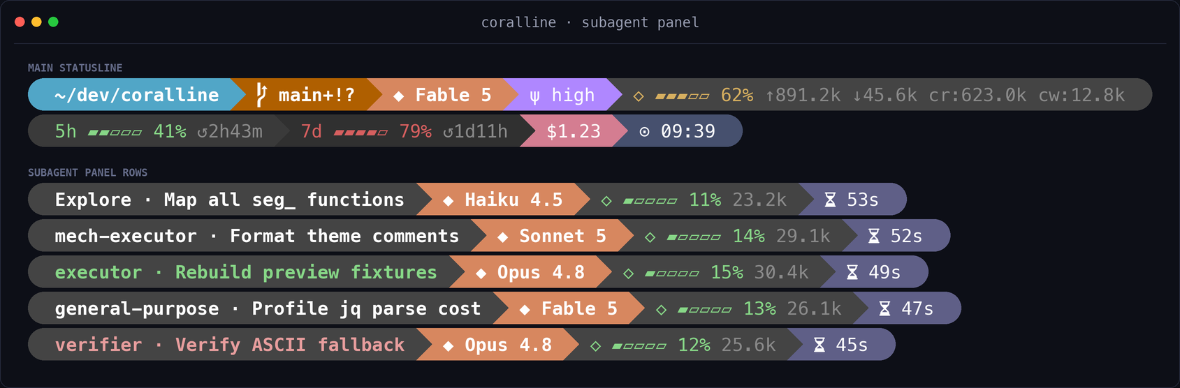 coralline's main statusline above themed subagent panel rows