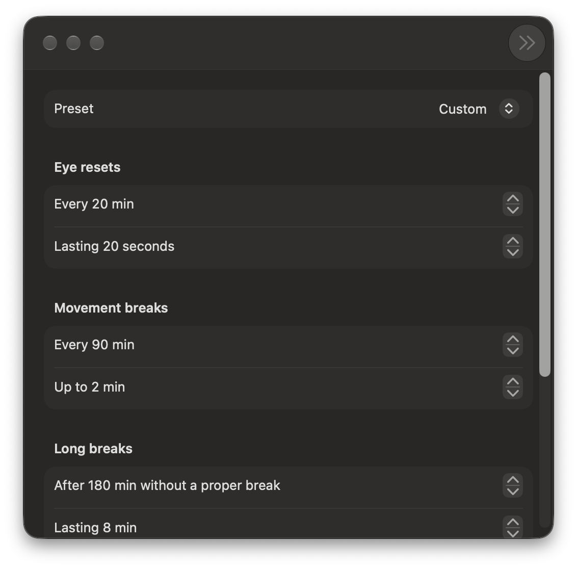 Settings: eye resets, movement breaks, long breaks