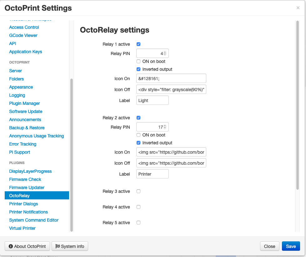 Settings panel