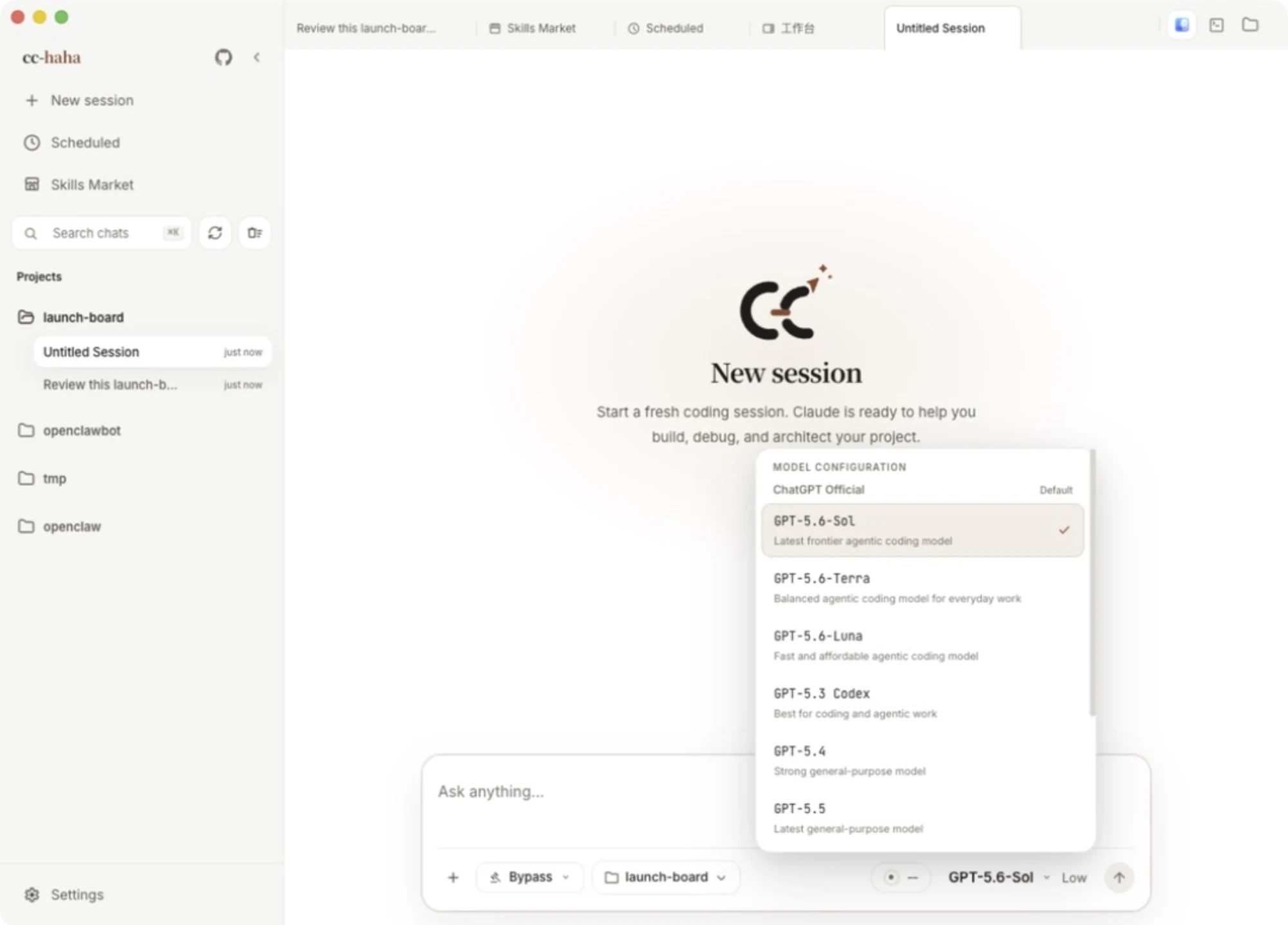 Model picker showing ChatGPT Official and GPT-5.6-Luna