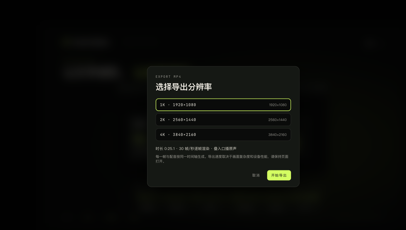 导出弹窗：选择 1K、2K 或 4K 分辨率