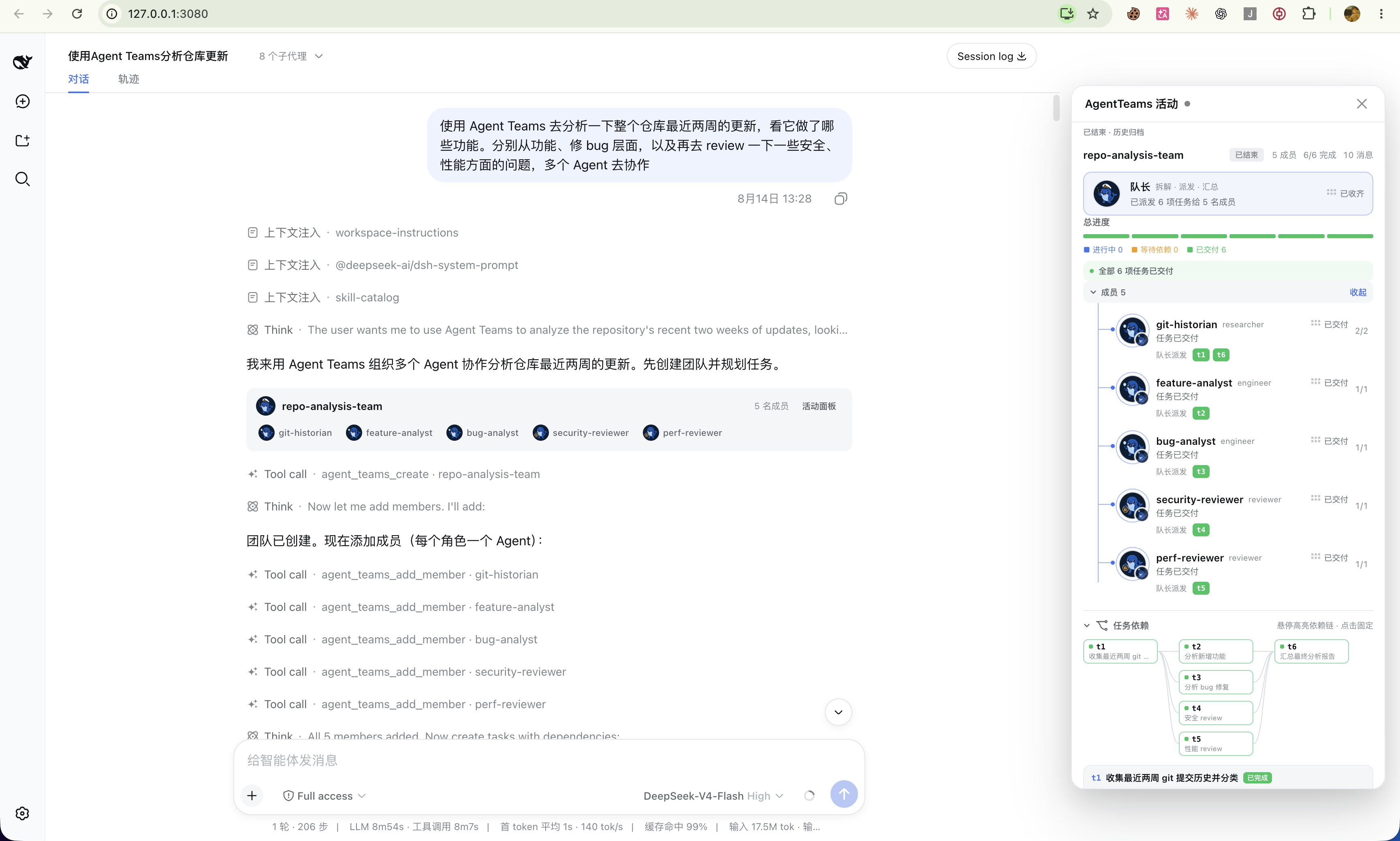 DeepSeek Harness conversation with the AgentTeams live activity panel, members, tasks, dependencies, and reports