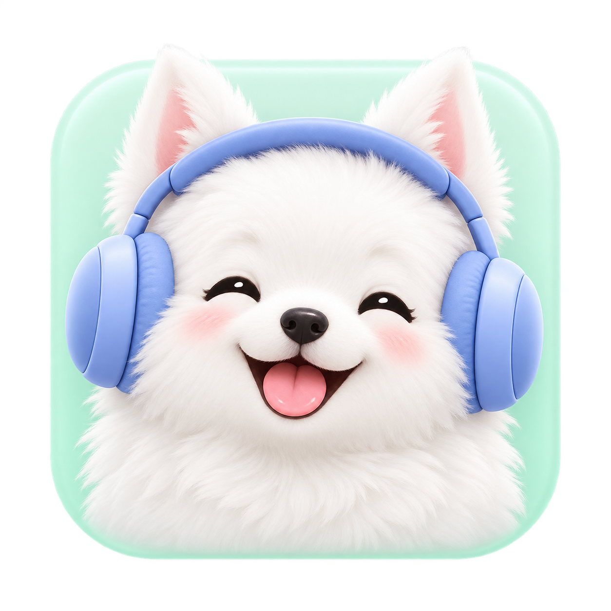 A smiling Japanese Spitz wearing headphones