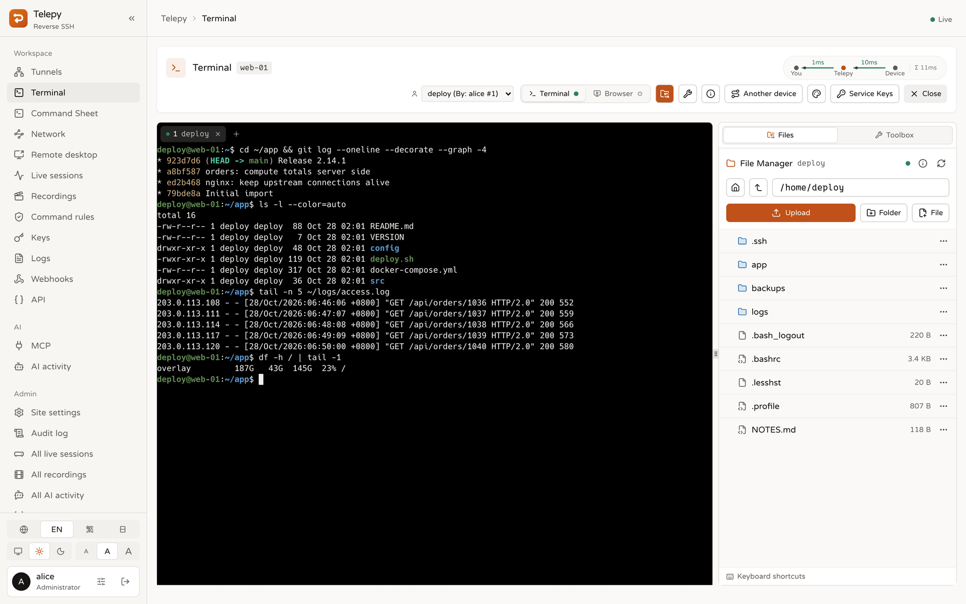 Web terminal with the file manager