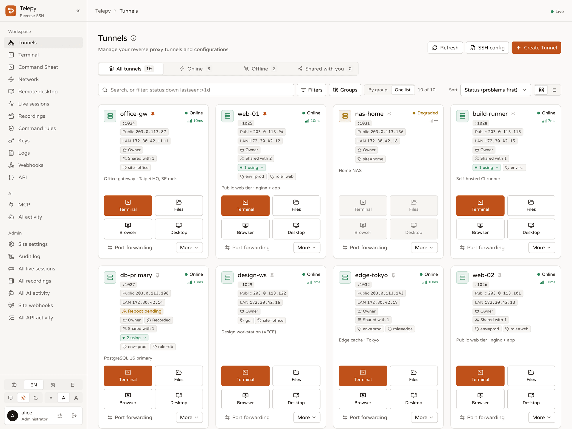 The tunnels page: health, latency, public and LAN addresses, labels, who is connected
