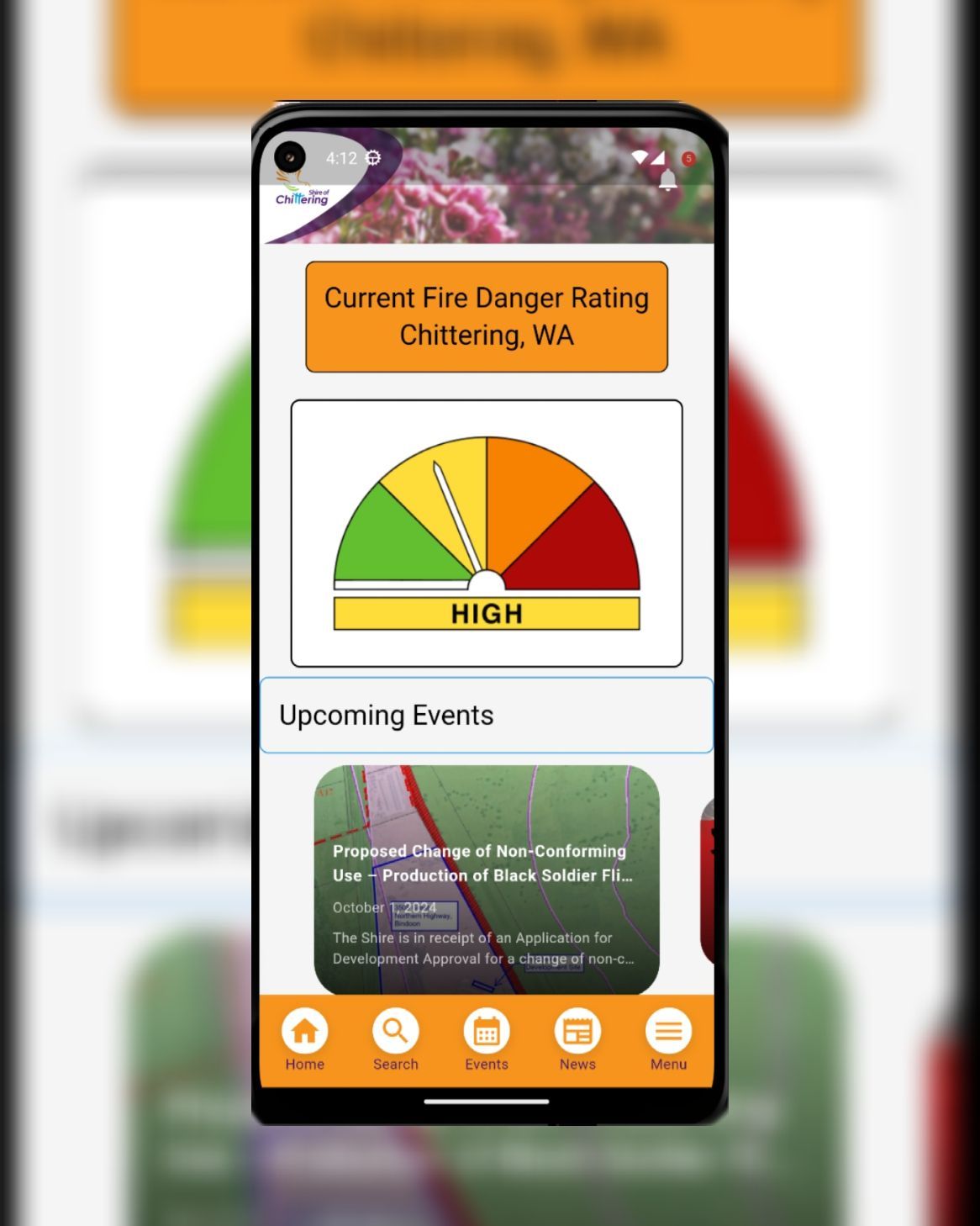 Image showing the home page to the Shire of Chittering Community App.