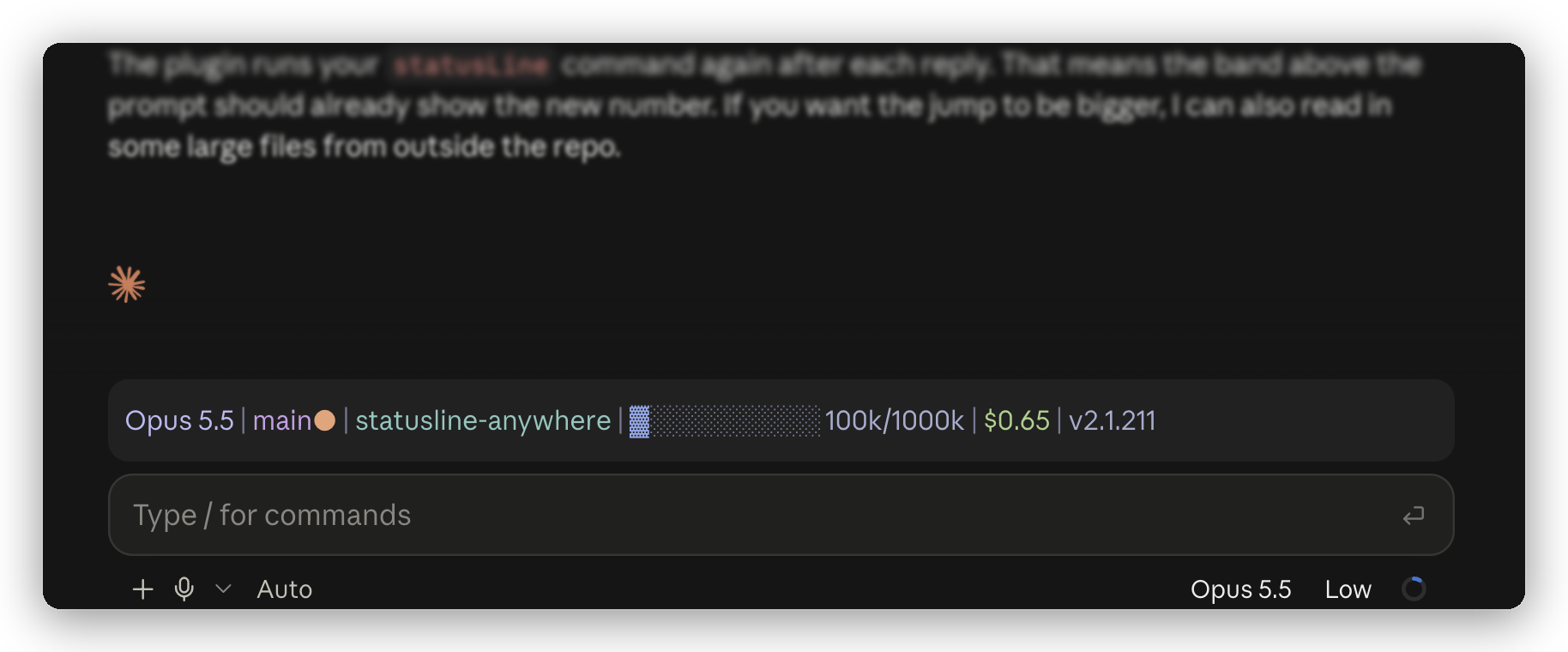 The Catppuccin Frappé status line drawn above the prompt in Claude Desktop