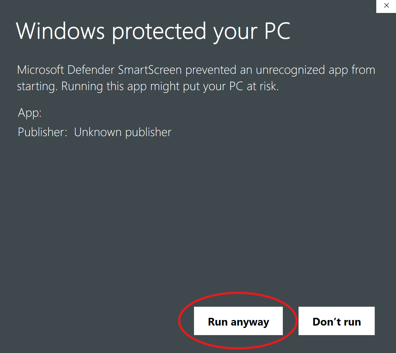 SmartScreen step 2: click "Run anyway"